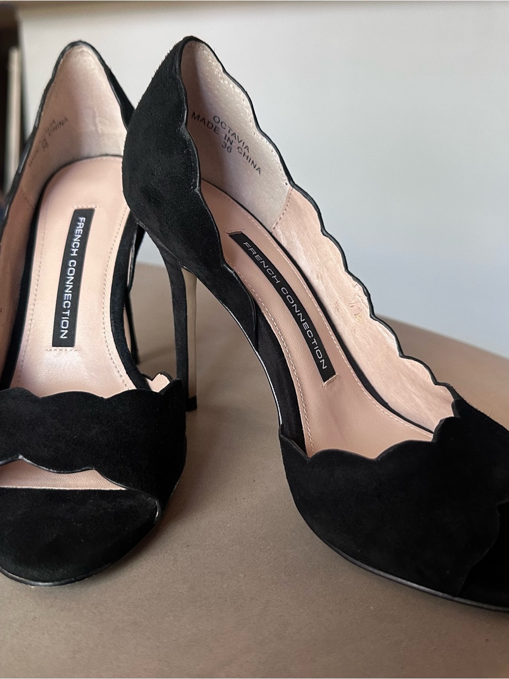 French Connection Black Scallop-Edge Suede Stiletto Pumps